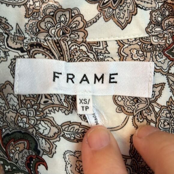 FRAME women 100% silk sleevless paisley button up mock neck top office size XS! - Picture 10 of 13